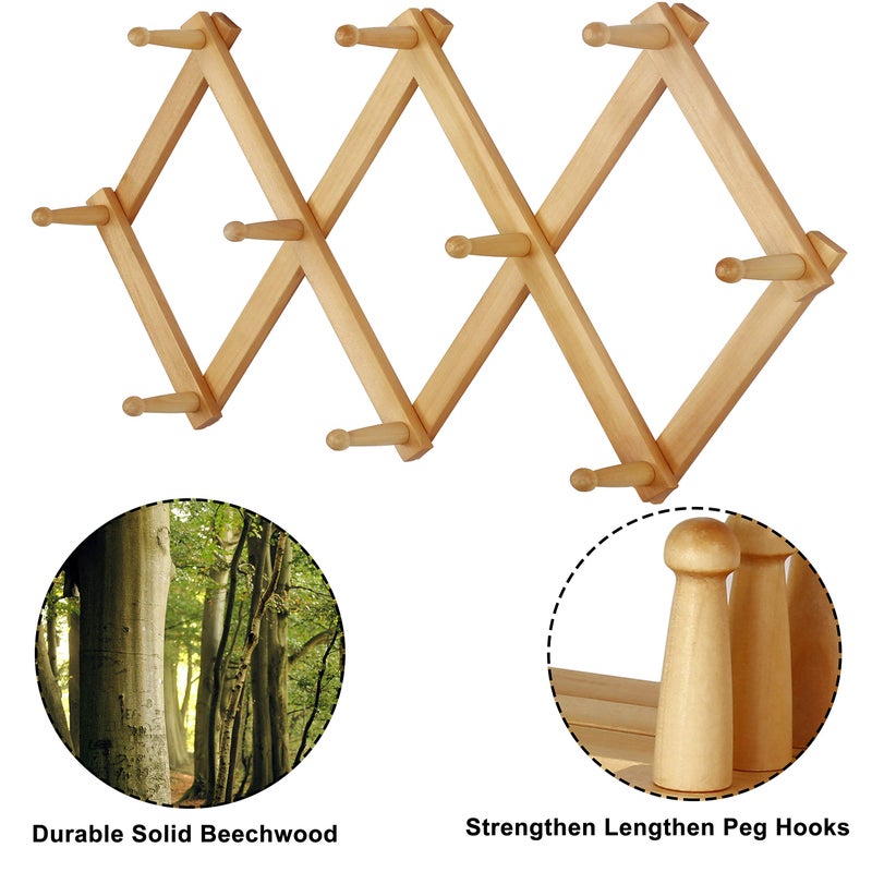 Dseap Accordian Wall Hanger: 16â€ High Wooden Wall Expandable Coat Rack, Hat Rack Holder, Accordion Hook for Baseball Caps, Coats, Mugs, 10 Peg Hooks, Natural - Image 5